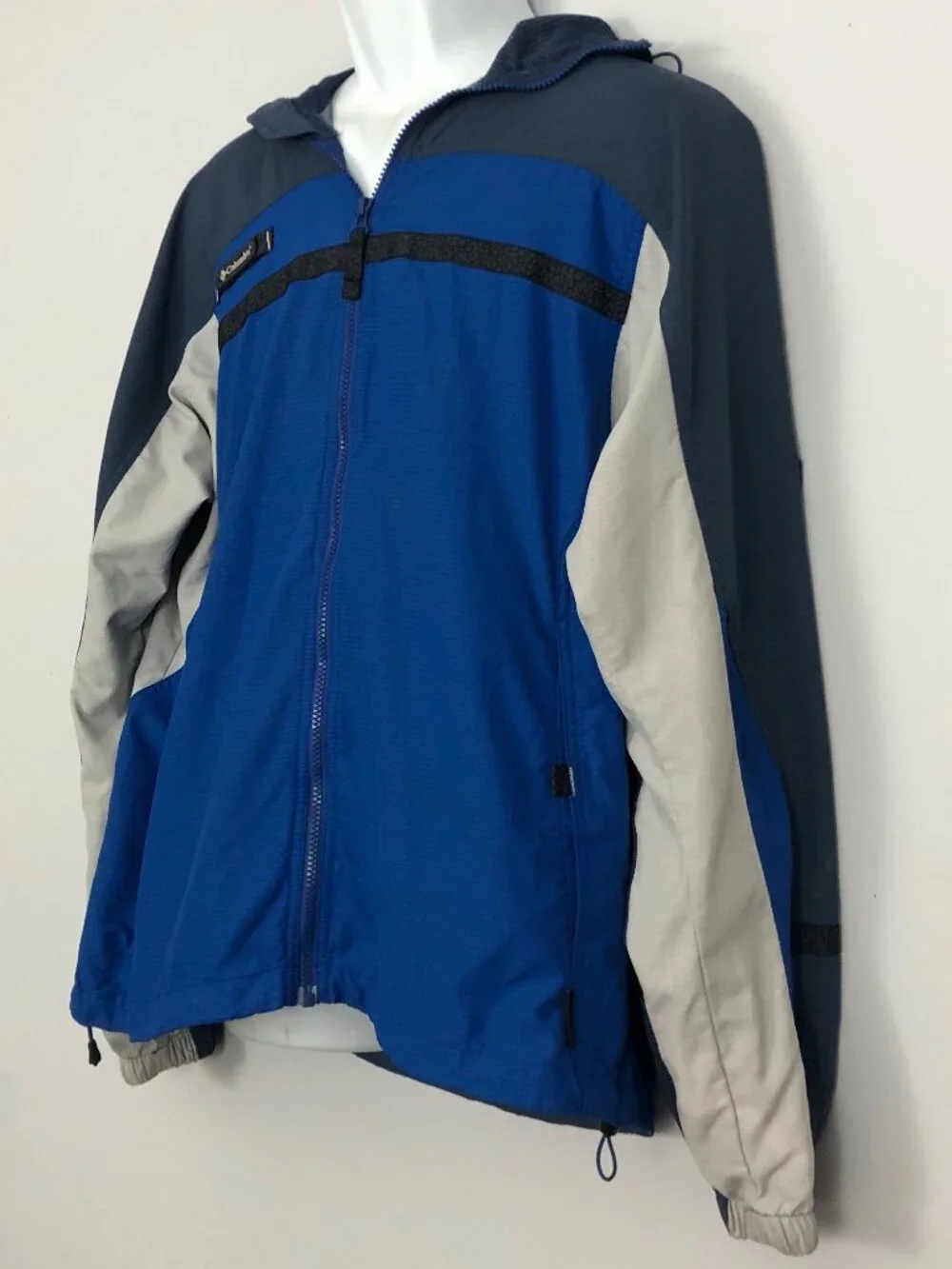 Columbia Packable Windbreaker Jacket Blue Gray Mens L Vented Hooded Gorpcore